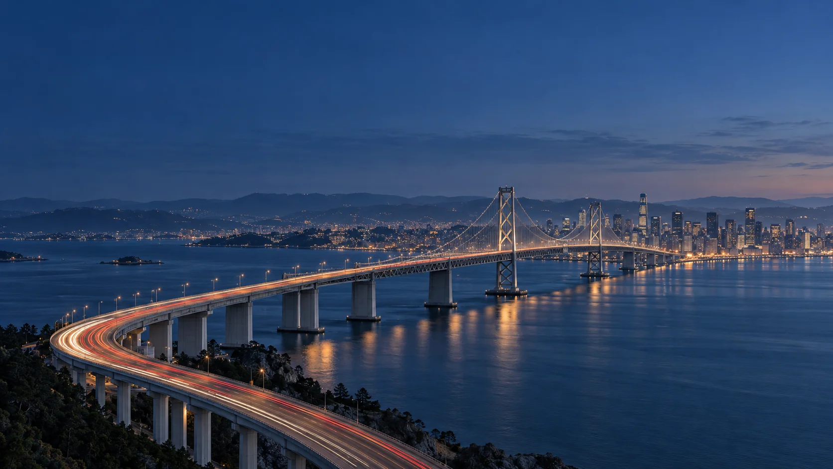 Suspension bridge connecting a city at dusk